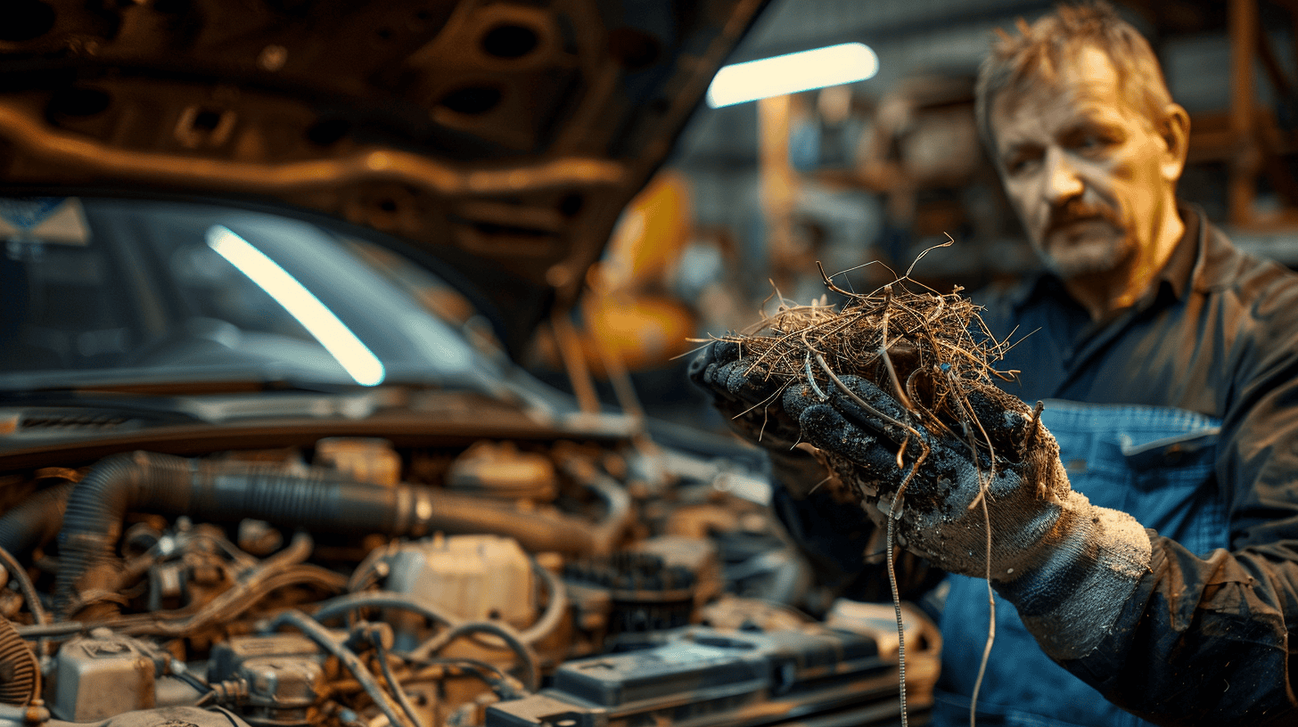 Photo of a mechanic with chewed wires