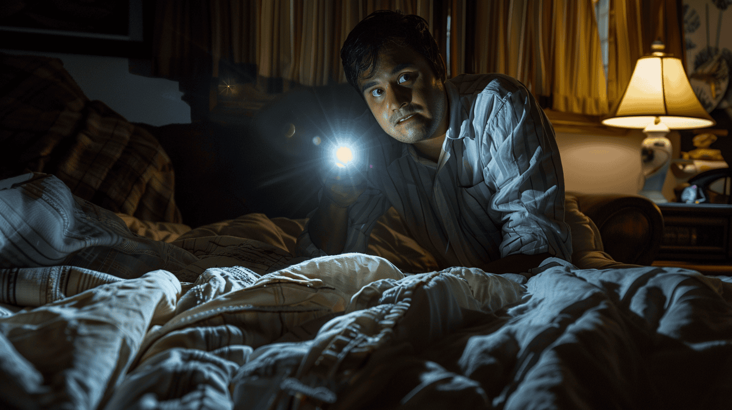 person with a flashlight in a bedroom