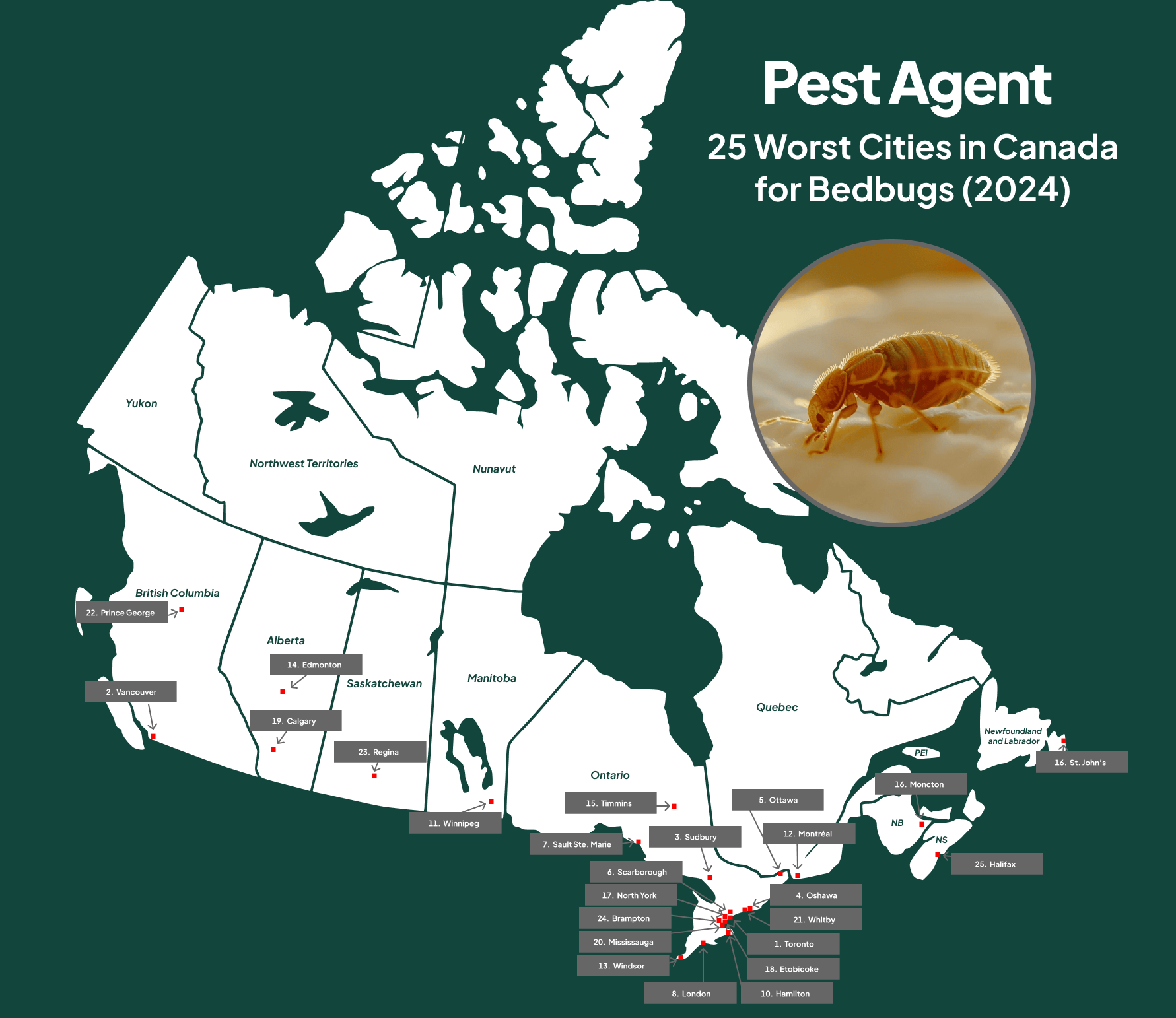 Map of 25 worst cities in Canada for bedbugs