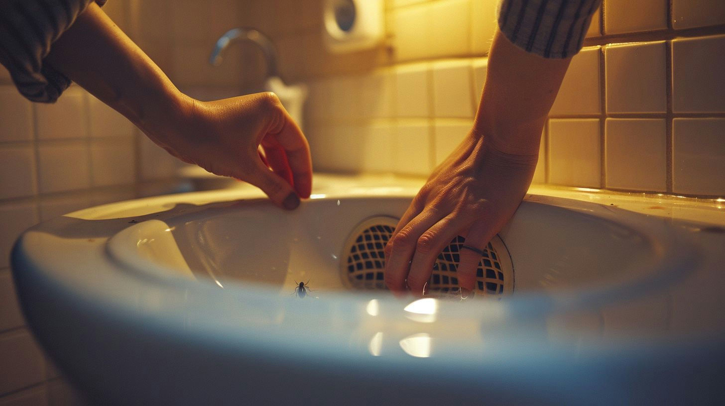 image of a person cleaning off a drain to prevent insects from coming up the drain