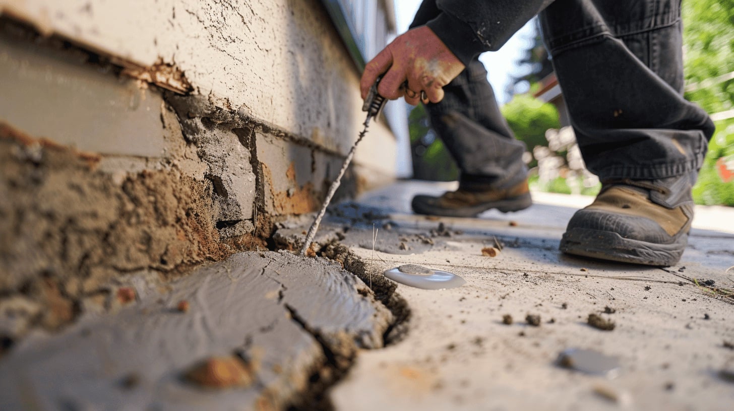 Homeowner sealing cracks in foundation to prevent pests