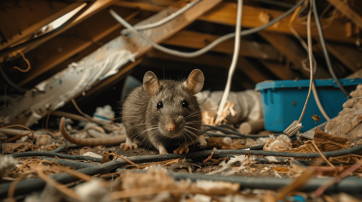 Mouse peeking through clutter in an attic