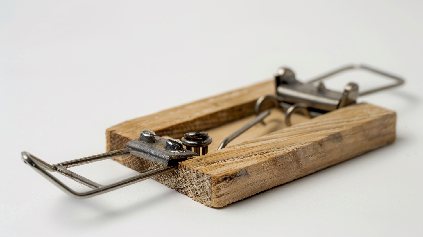 Traditional wooden mouse trap with metal bait lever