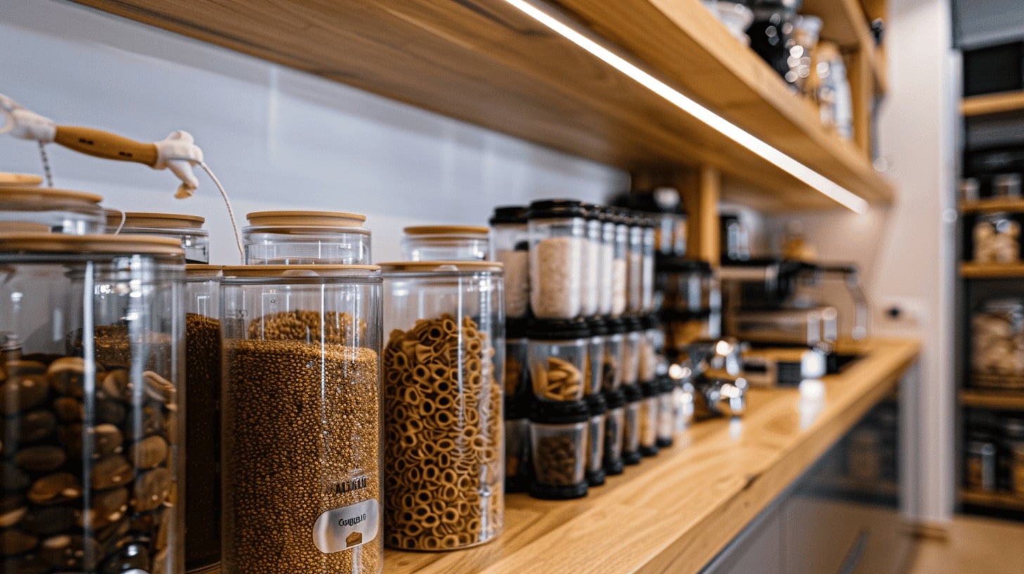 Organized pantry with labeled containers on wooden shelves