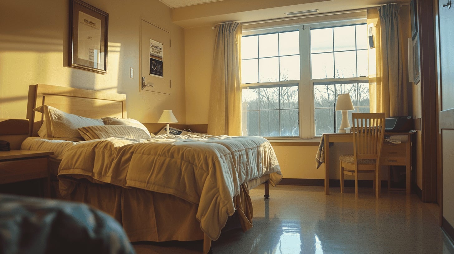 Sunny bedroom with bed and desk by a window