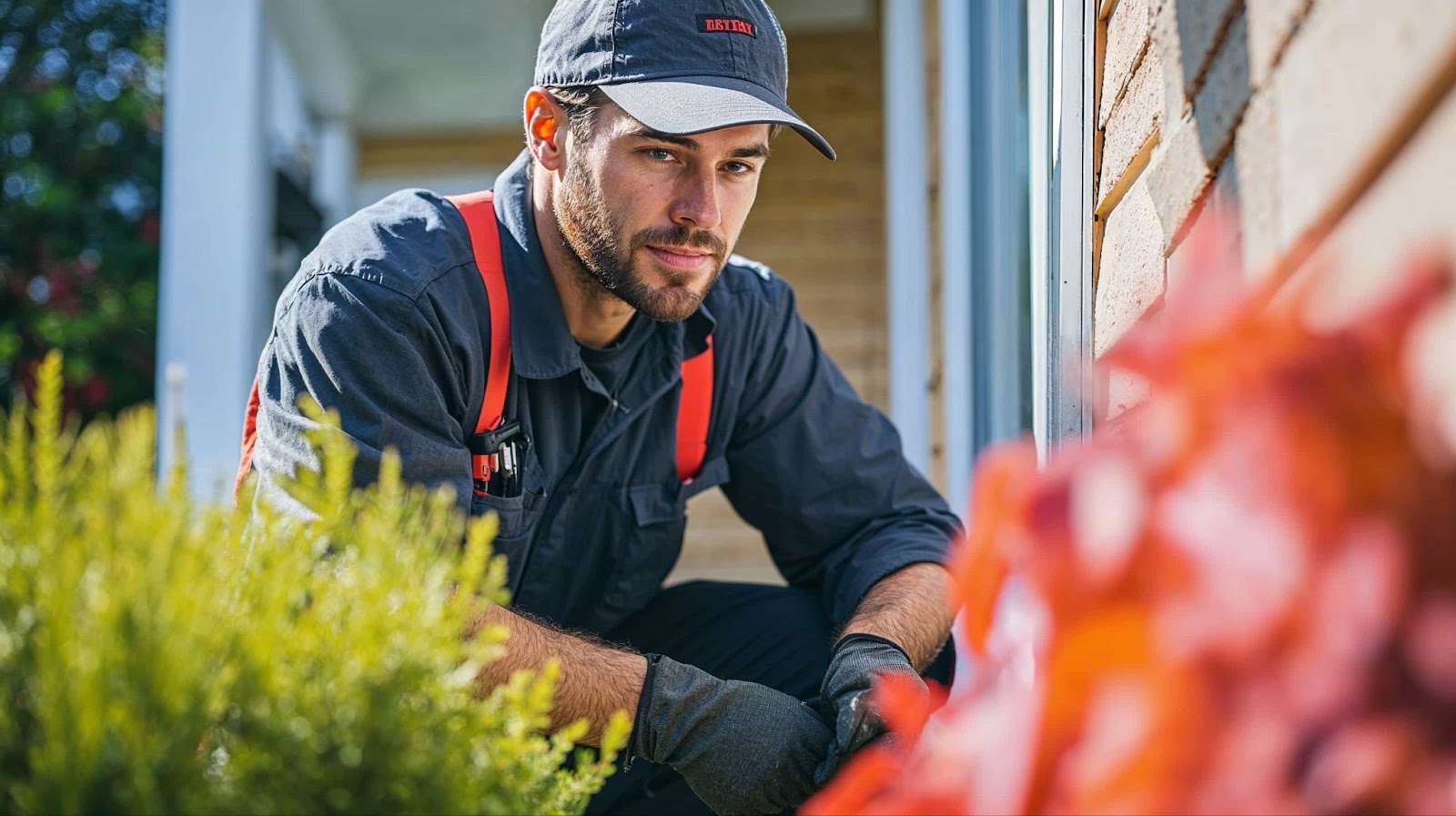 a pest control technician inspecting near plants, addressing if mice can climb walls