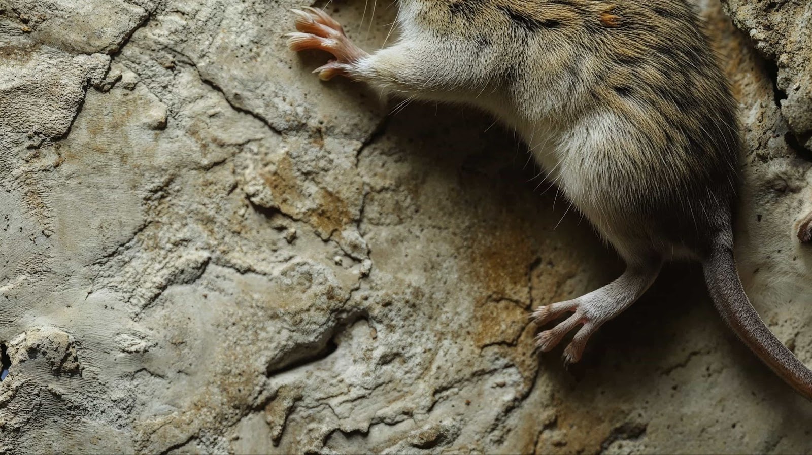 a mouse climbing a rough, textured wall surface, showing mice can climb walls