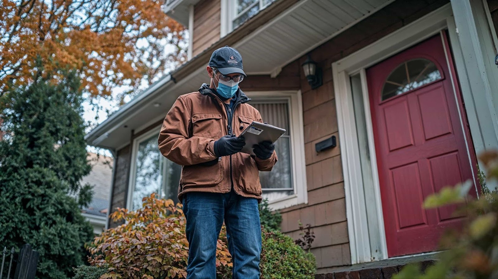 professional worker examines a home exterior, addressing do mice bite concerns