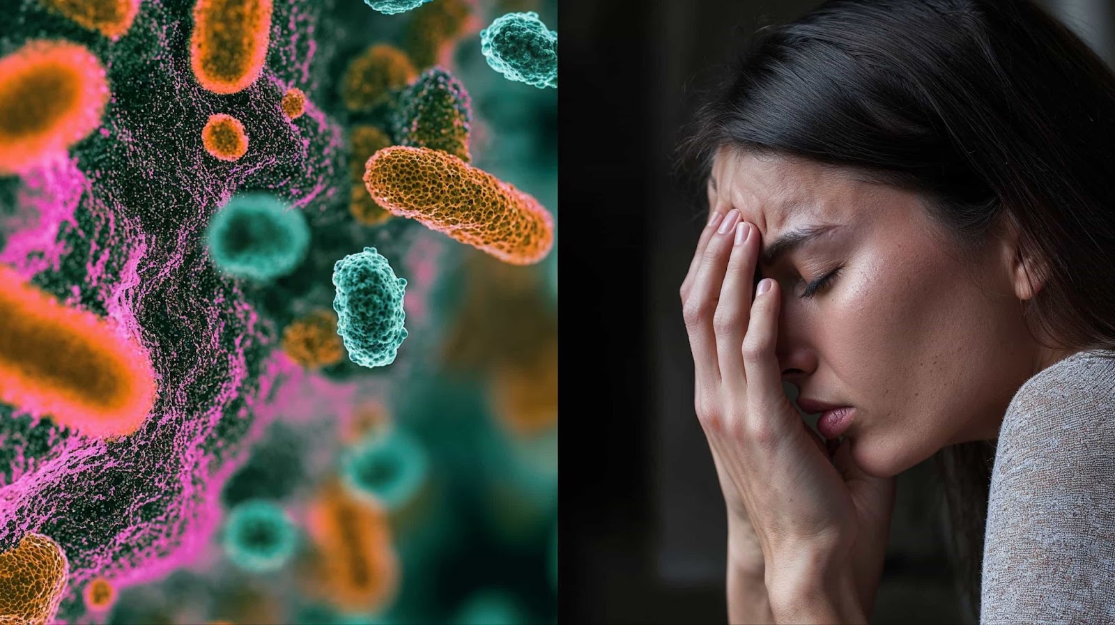 brightly colored bacteria close-up next to a woman stressed over do mice bite